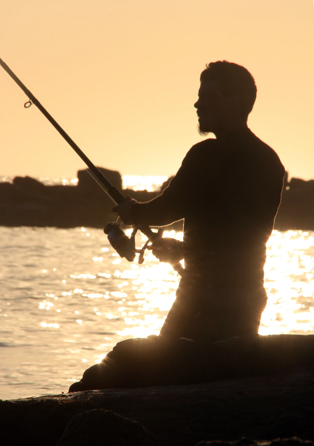 Silhouette of a fisherman on shore at sunrise.